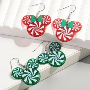 MICKEY or MINNIE Christmas Red Green Peppermint Swirl Drop Earrings Xmas NEW